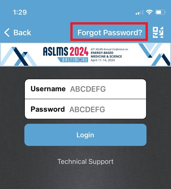 Screenshot of Forgot Password Button